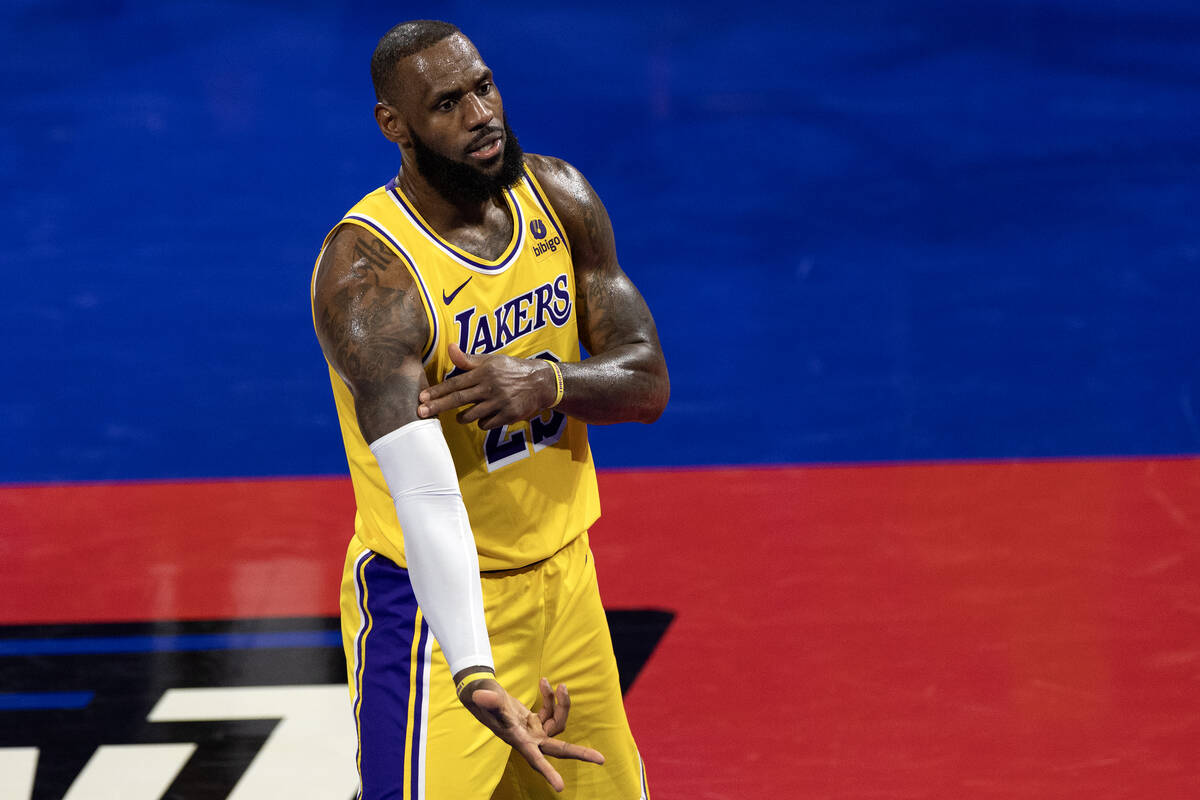 Los Angeles Lakers forward LeBron James (23) celebrates after scoring during the second half of ...