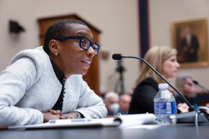 Harvard President Claudine Gay, left, speaks as University of Pennsylvania President Liz Magill ...