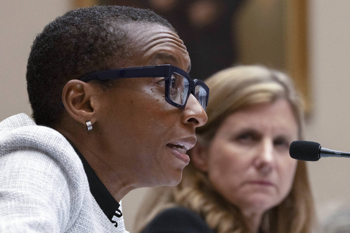 Harvard President Claudine Gay, left, speaks as University of Pennsylvania President Liz Magill ...