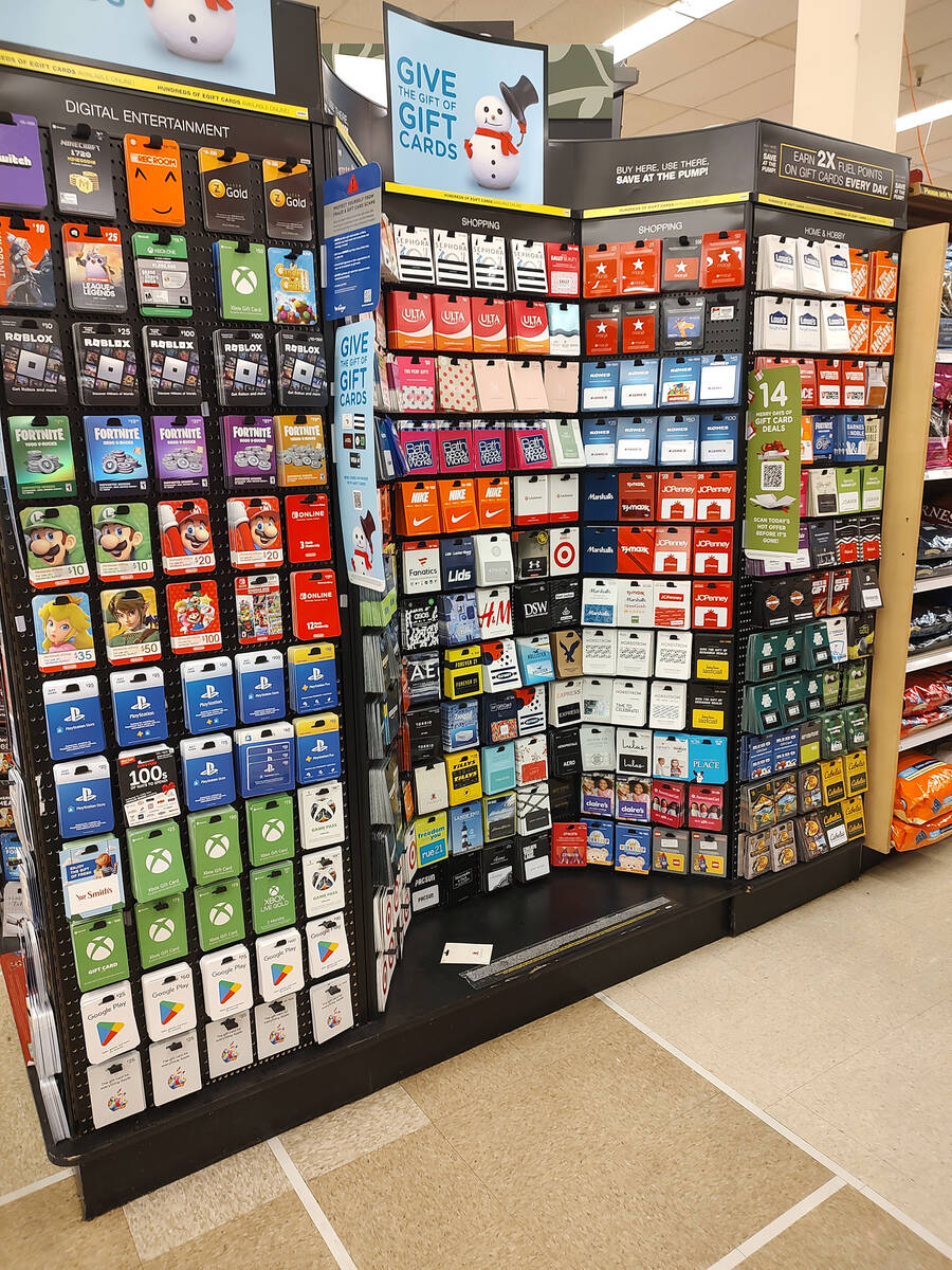 A rack of gift cards with cards from dozens or merchants at a Smith's store on East Sahara Aven ...