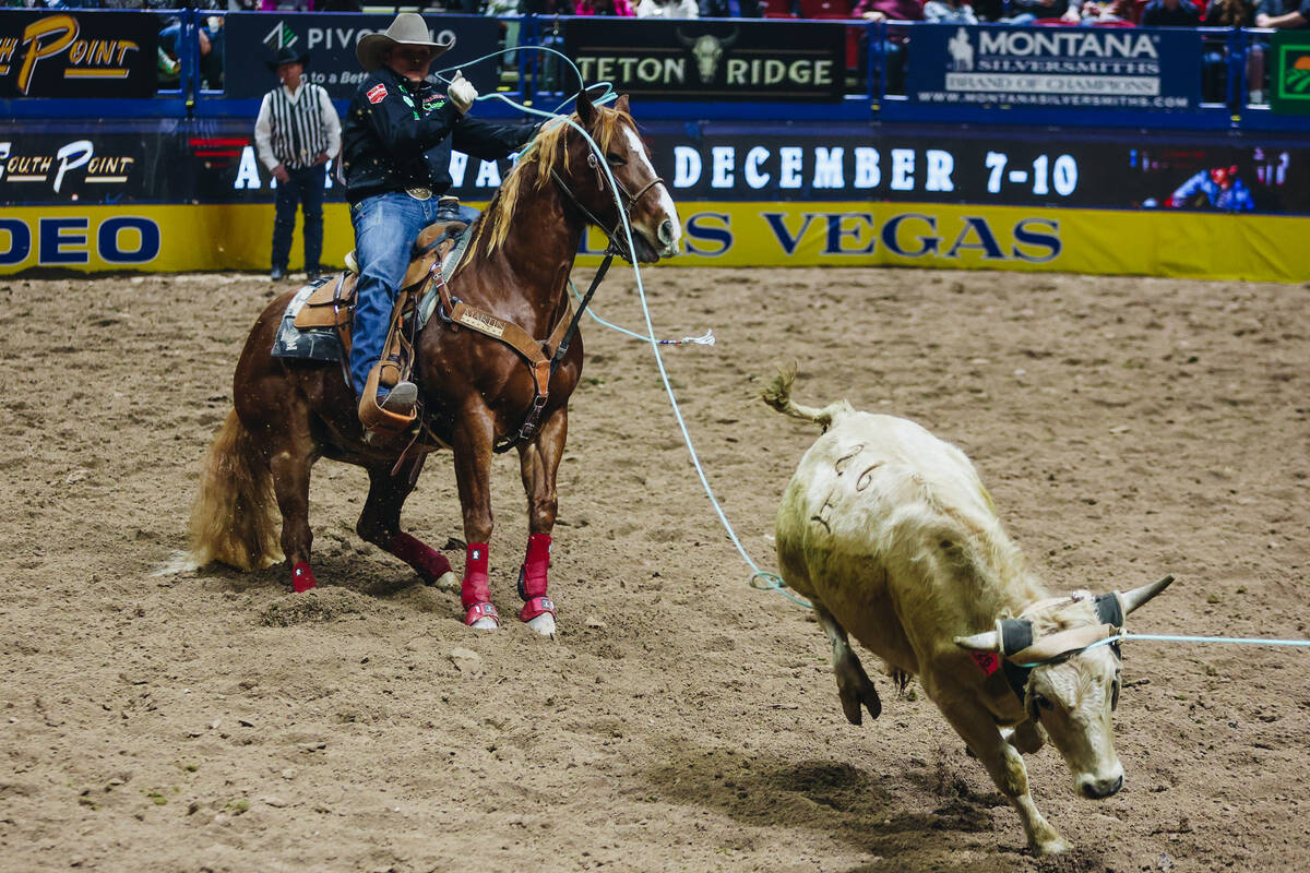 Team roping heeler Hunter Koch ropes a calf during the National Finals Rodeo at the Thomas &amp ...