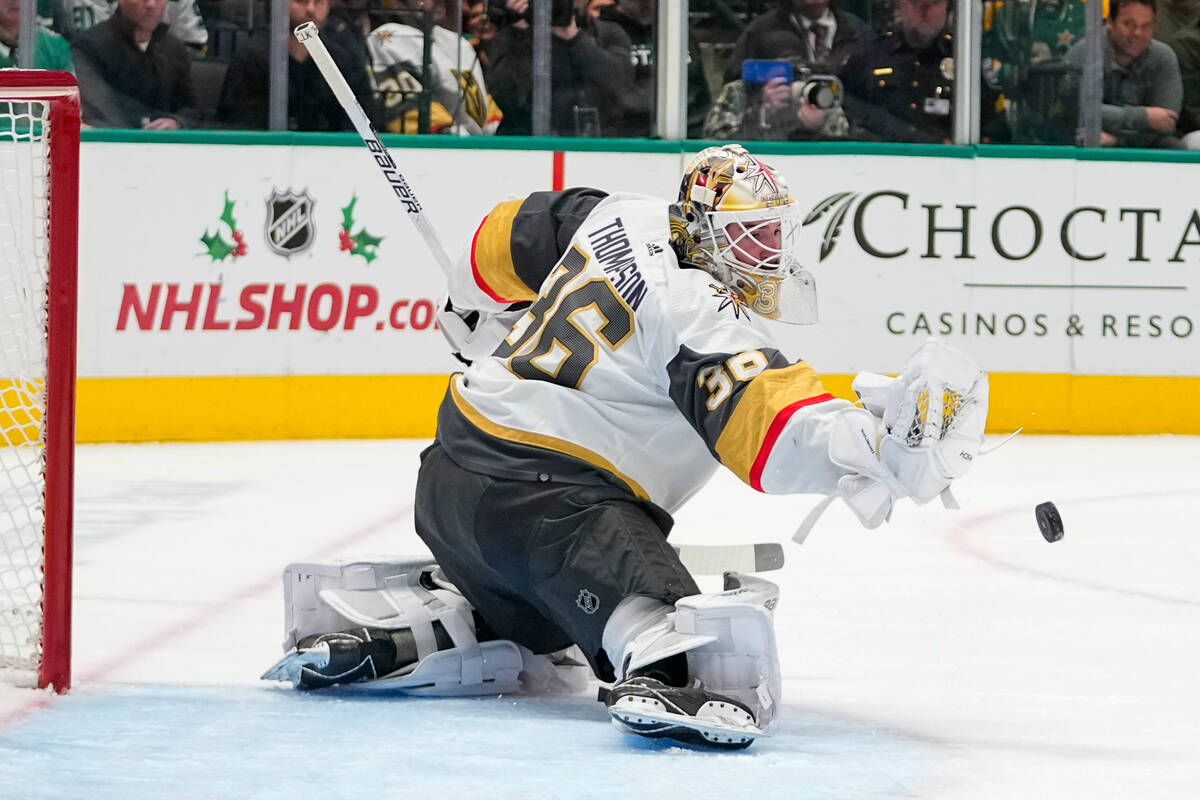 Vegas Golden Knights goaltender Logan Thompson makes a save against the Dallas Stars during the ...