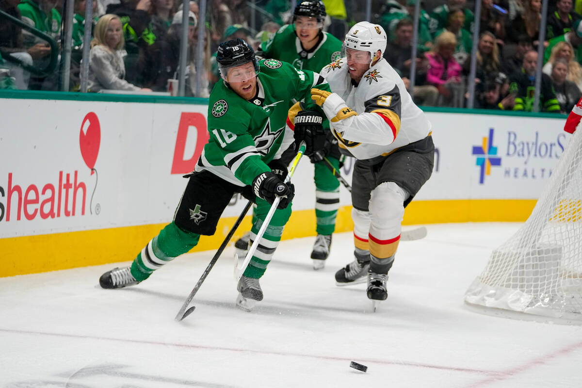 Dallas Stars center Joe Pavelski (16) passes the puck against Vegas Golden Knights defenseman B ...