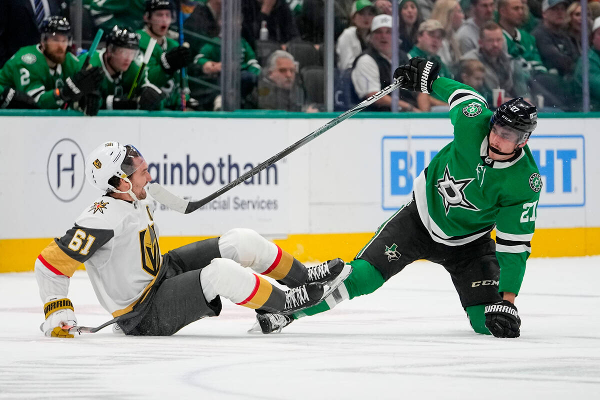 Vegas Golden Knights right wing Mark Stone (61) and Dallas Stars left wing Mason Marchment (27) ...