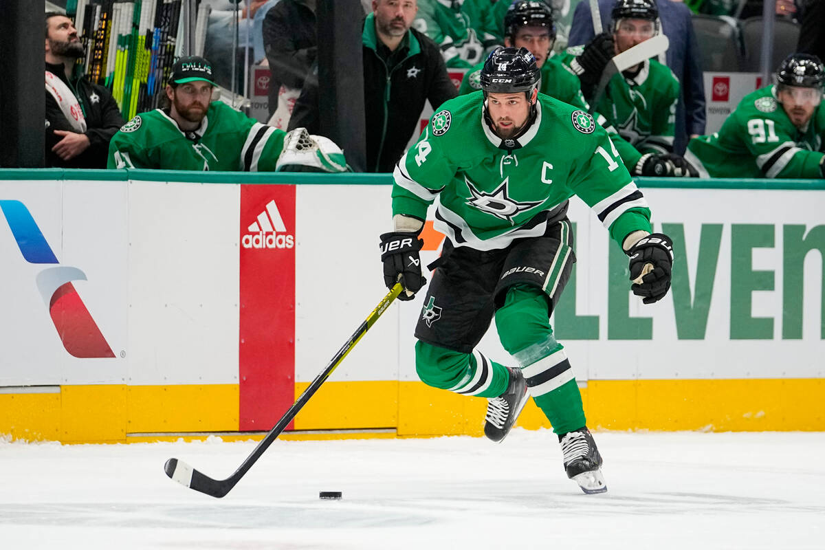 Dallas Stars left wing Jamie Benn skates against the Vegas Golden Knights during the first peri ...