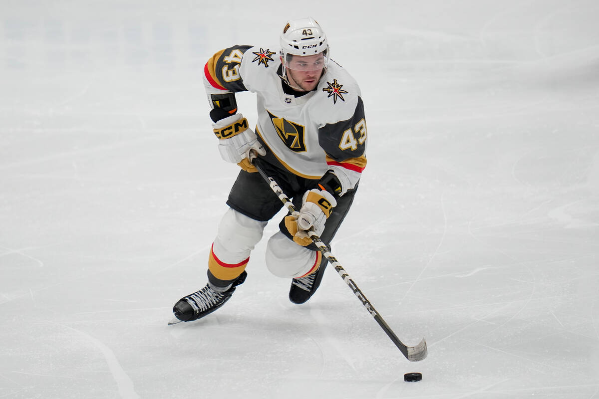 Vegas Golden Knights center Paul Cotter skates against the Dallas Stars during the third period ...