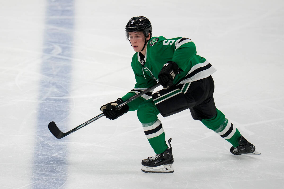 Dallas Stars defenseman Nils Lundkvist skates against the Vegas Golden Knights during the third ...