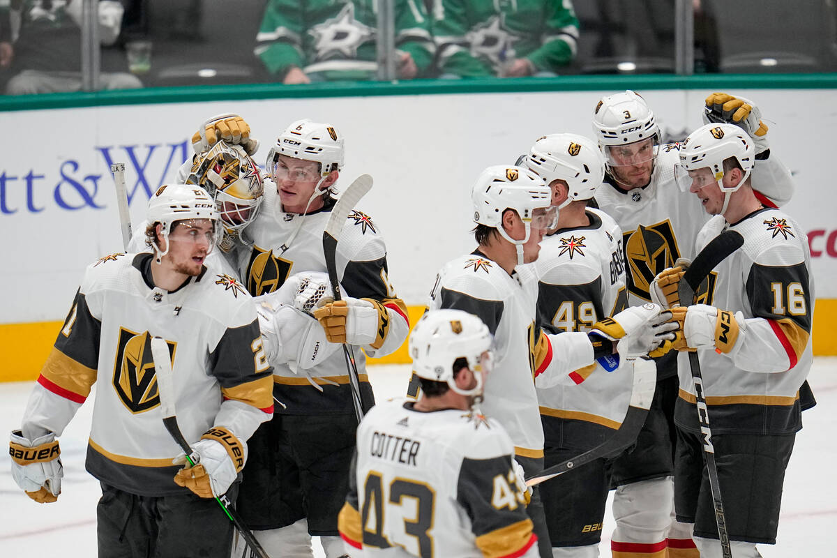 Vegas Golden Knights players react after defeating the Dallas Stars 6-1 during an NHL hockey ga ...