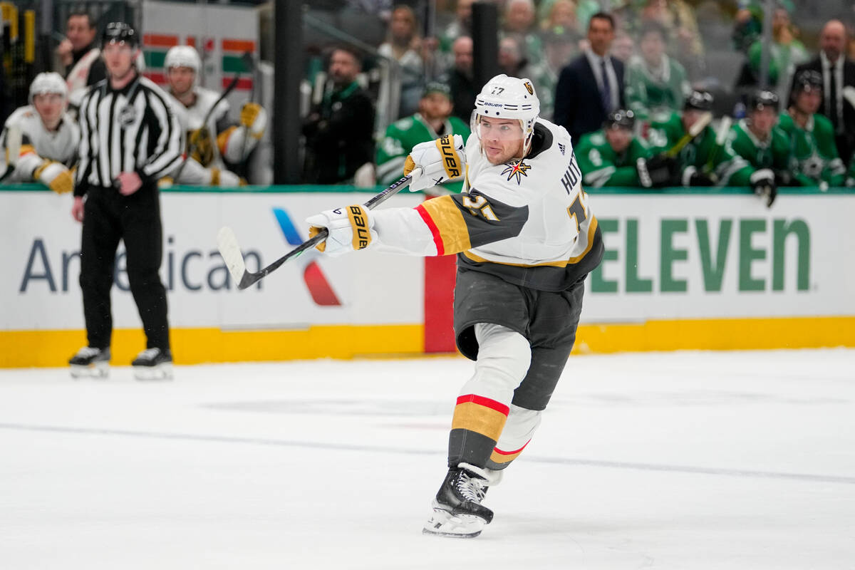 Vegas Golden Knights defenseman Ben Hutton shoots against the Dallas Stars during the second pe ...