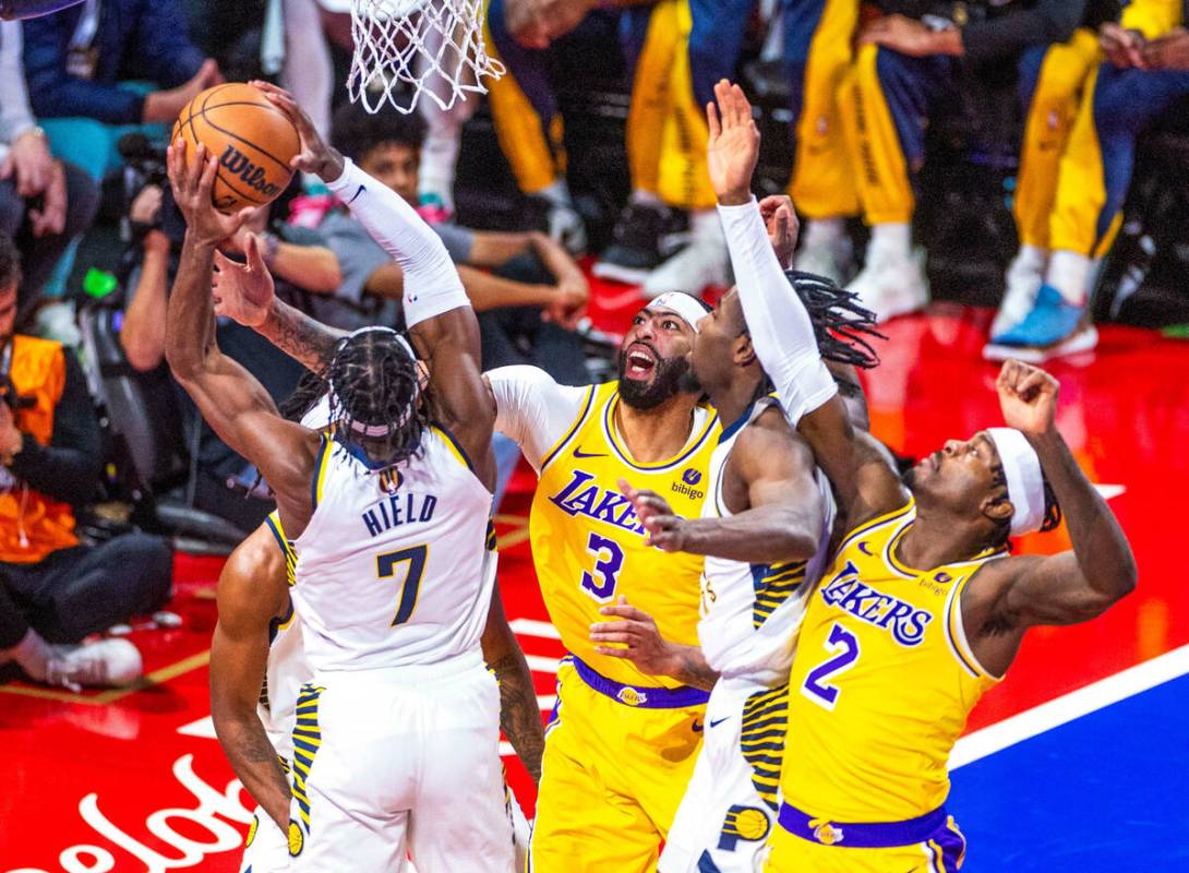 during the first half of their NBA in-season tournament championship game at T-Mobile Arena on ...