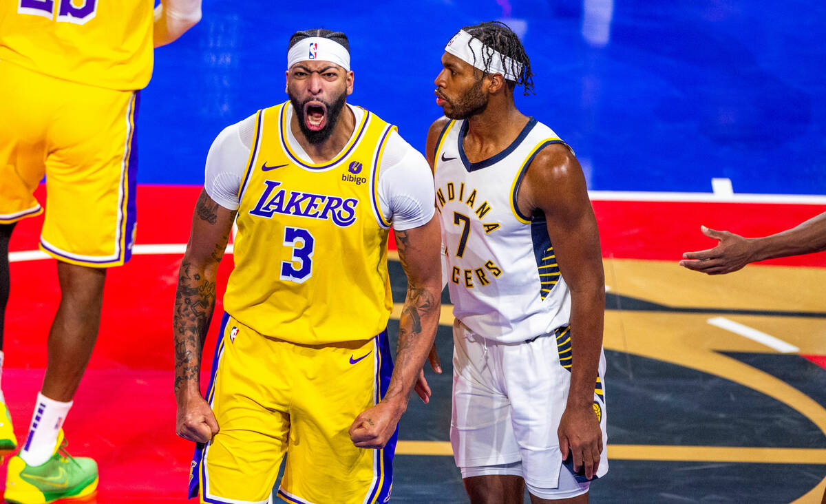 Los Angeles Lakers forward Anthony Davis (3) is pumped after a big dunk against Indiana Pacers ...