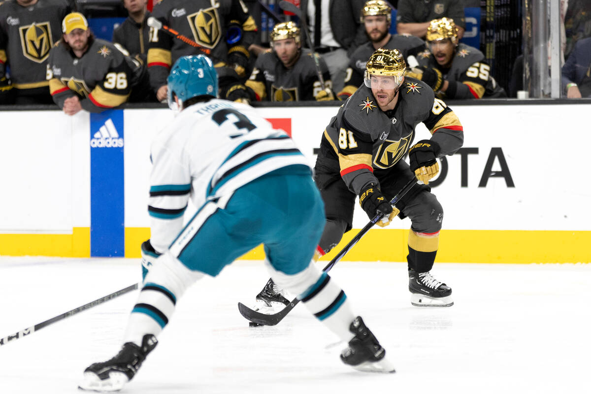 Vegas Golden Knights right wing Jonathan Marchessault (81) skates upice against San Jose Sharks ...