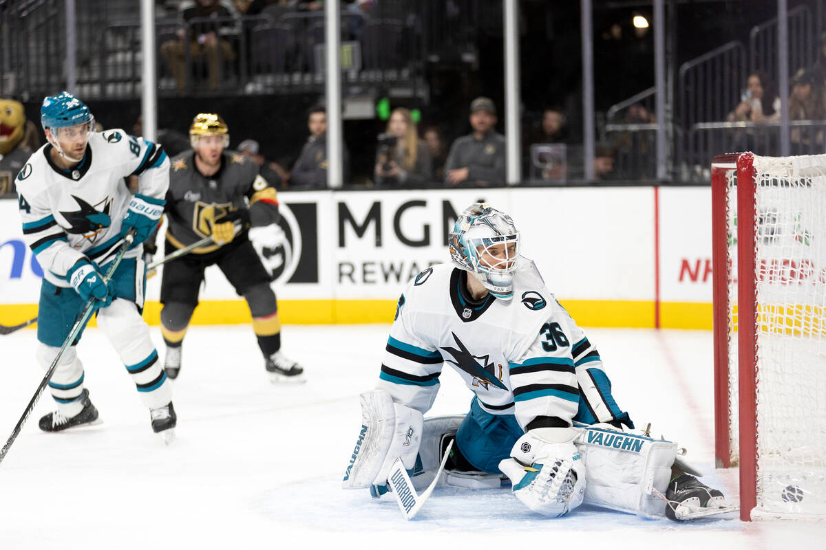 San Jose Sharks goaltender Kaapo Kahkonen (36) misses a save against a goal by Vegas Golden Kni ...