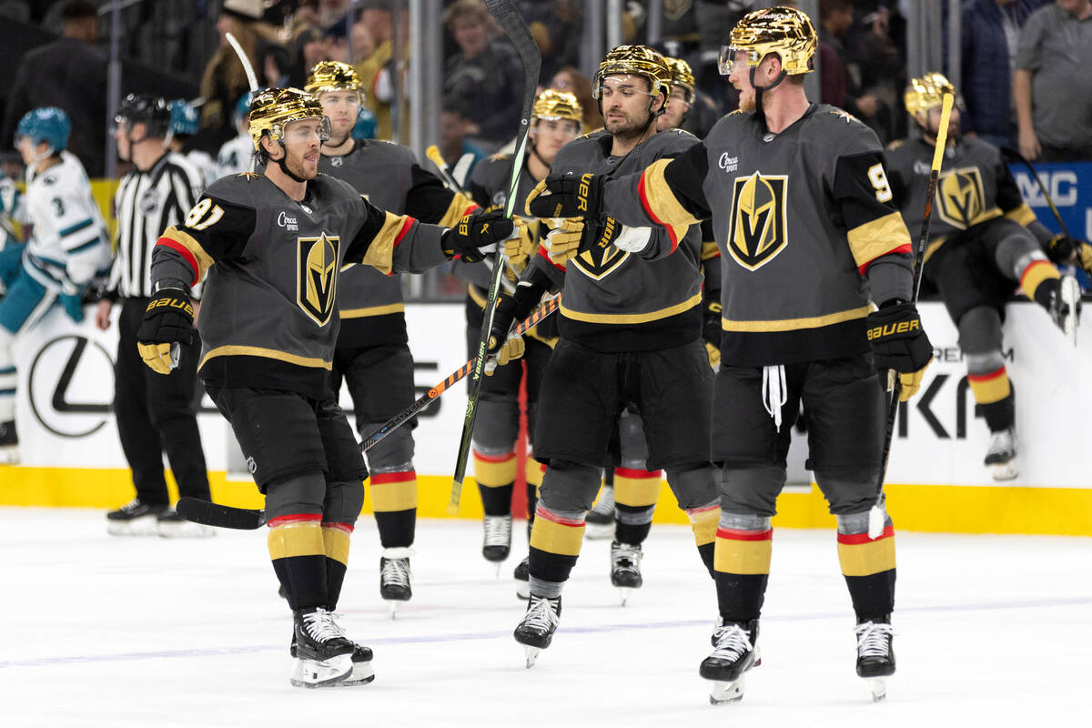 The Vegas Golden Knights, including shootout goal scorers right wing Jonathan Marchessault (81) ...