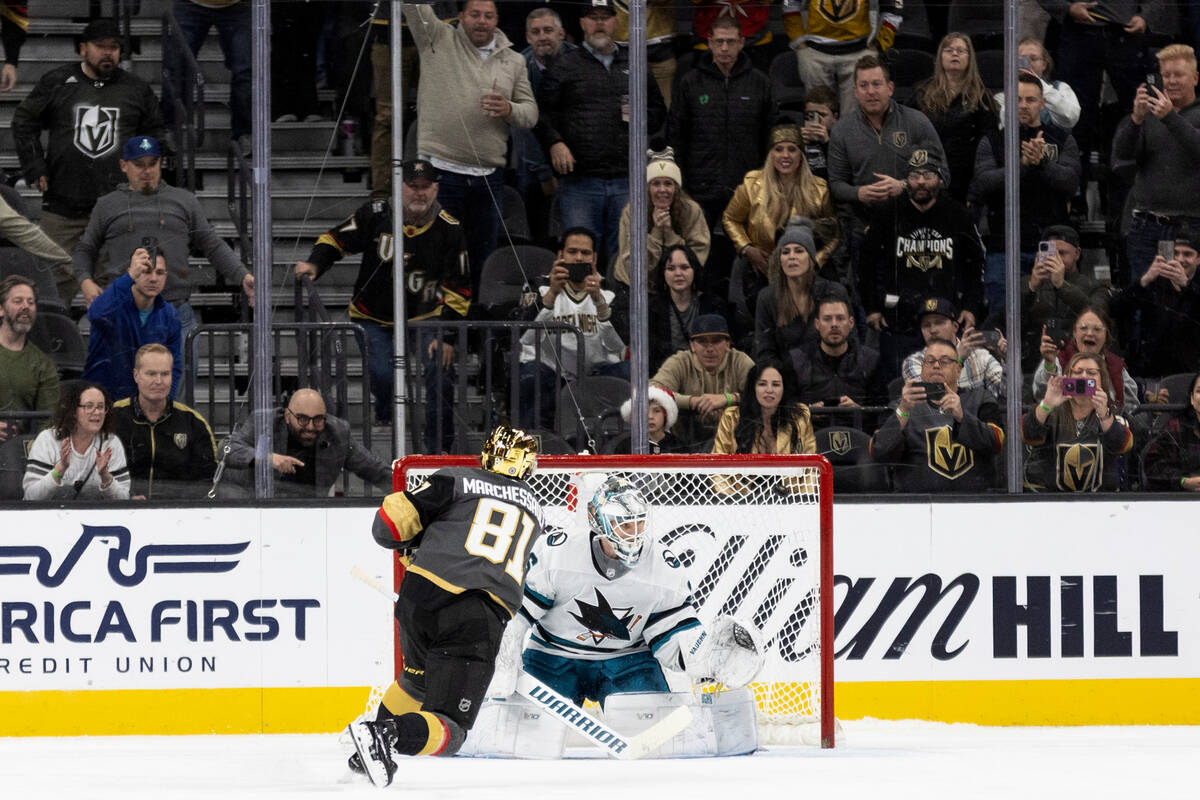 Vegas Golden Knights right wing Jonathan Marchessault (81) scores a goal on San Jose Sharks goa ...