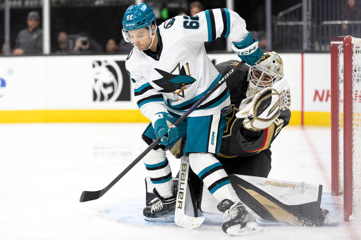 Vegas Golden Knights goaltender Jiri Patera (30) saves the puck against San Jose Sharks right w ...