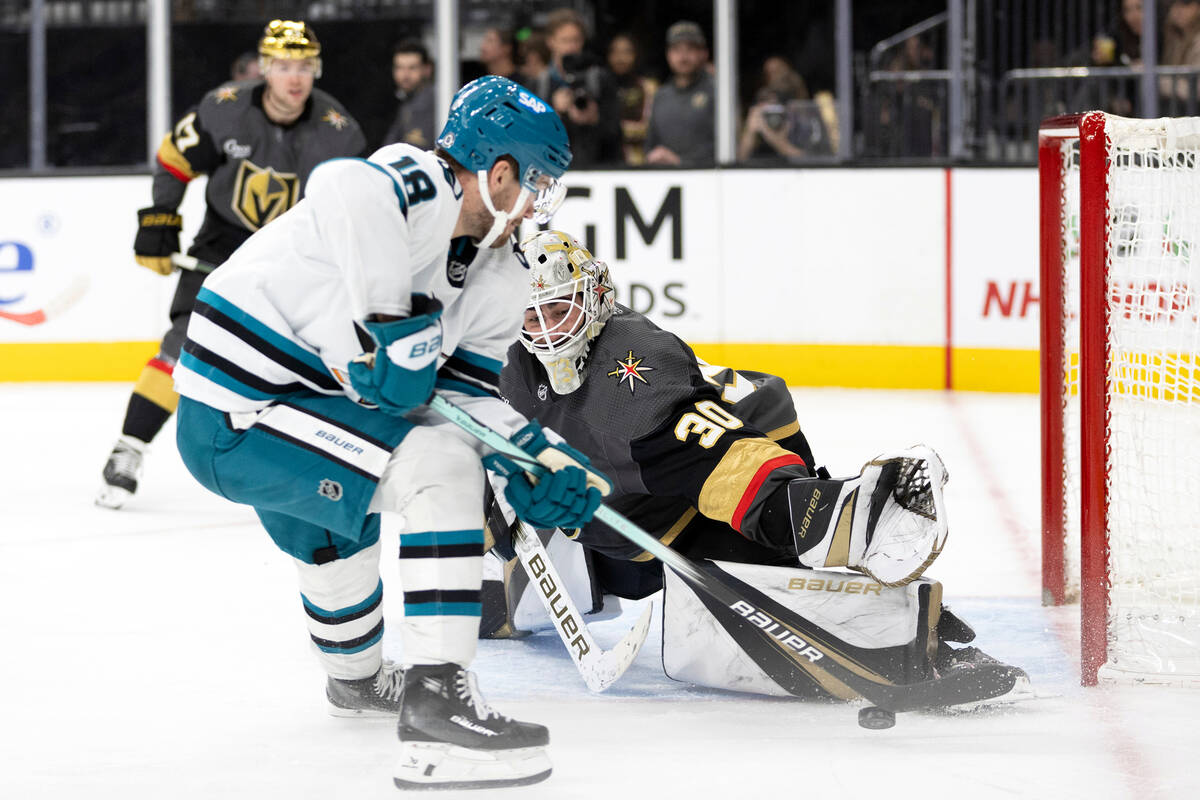 Vegas Golden Knights goaltender Jiri Patera (30) saves the puck against San Jose Sharks right w ...