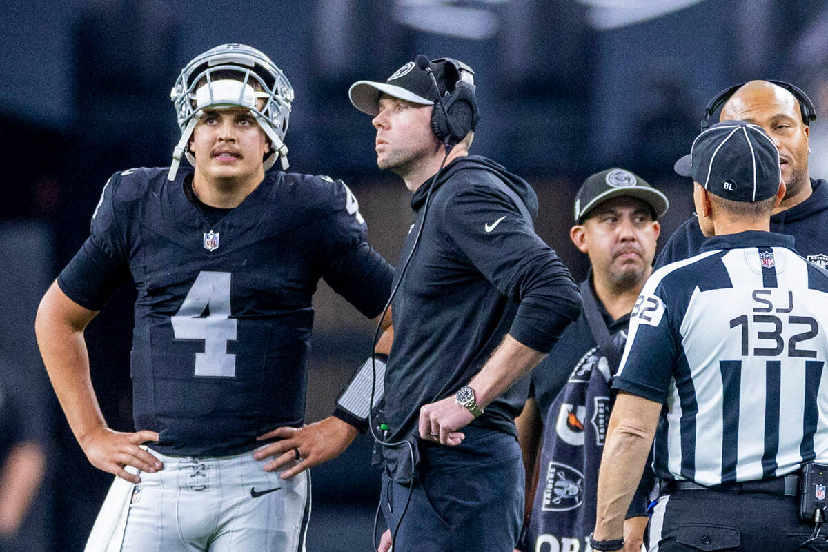 Raiders quarterback Aidan O'Connell (4) stands with Offensive Coordinator Bo Hardegree on the f ...