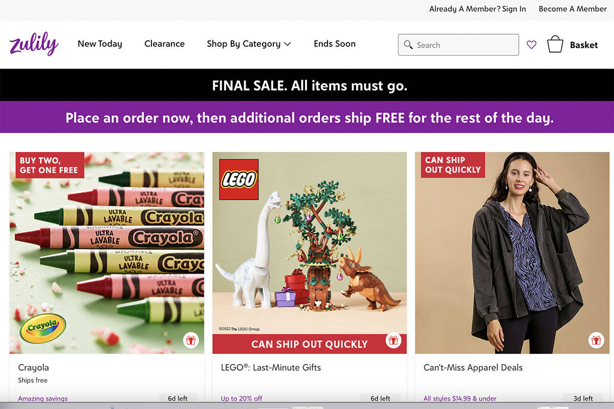 Zulily's website is seen in a screenshot.