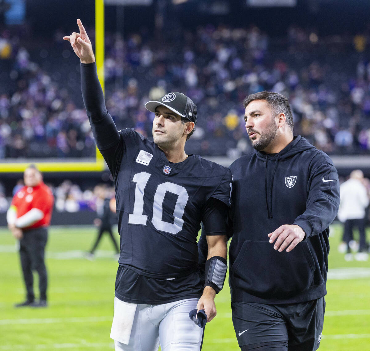 Raiders quarterback Jimmy Garoppolo (10) greets fans while leaving the field against the Minnes ...