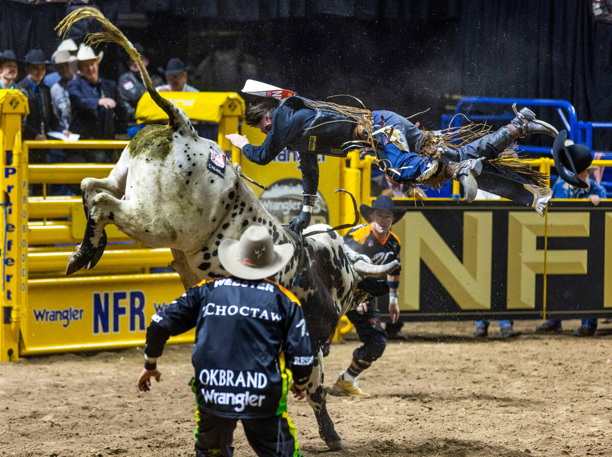 Ky Hamilton is whipped through the air while thrown during Bull Riding during day 5 action of t ...