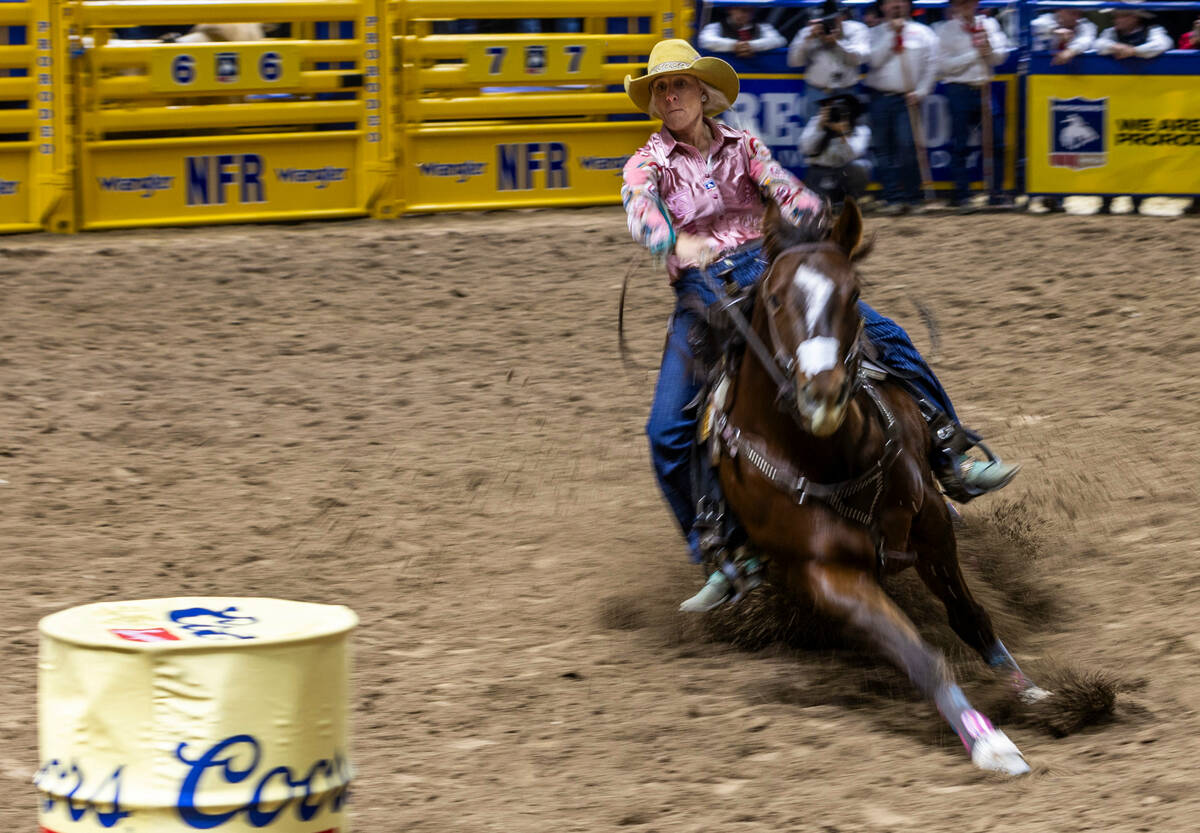 Summer Kosel takes first place in Barrel Racing during day 5 action of the NFR at the Thomas & ...