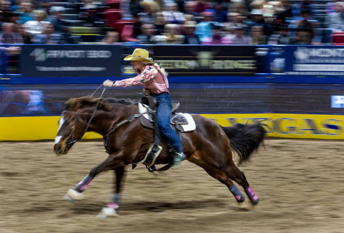Summer Kosel takes first place in Barrel Racing during day 5 action of the NFR at the Thomas & ...