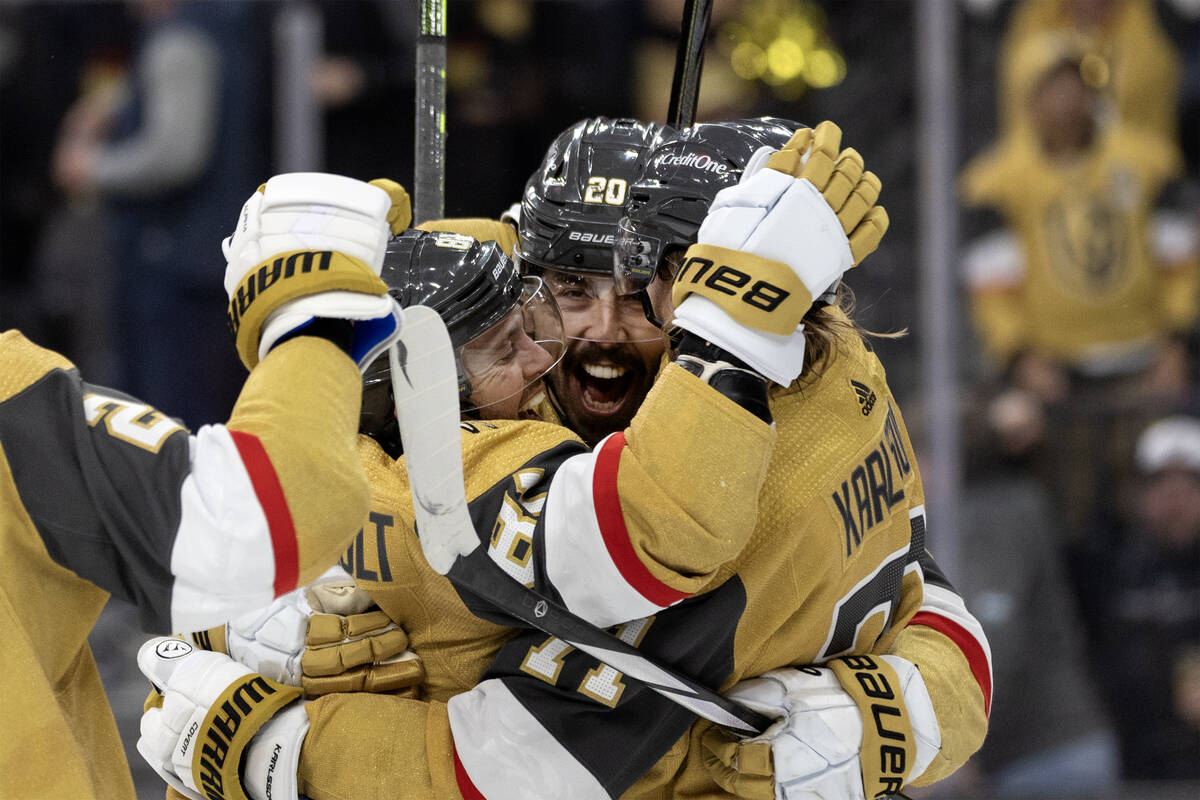 Golden Knights right wing Jonathan Marchessault (81), center Chandler Stephenson (20) and cente ...