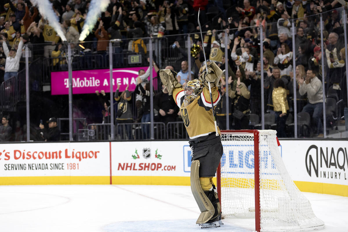 Golden Knights goaltender Logan Thompson (36) cheers as his team scores the game-winning goal d ...