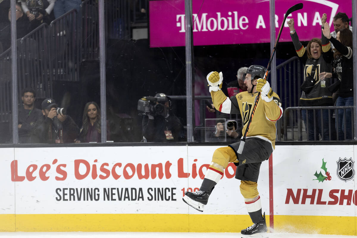 Golden Knights right wing Mark Stone (61) celebrates his goal during the third period of an NHL ...