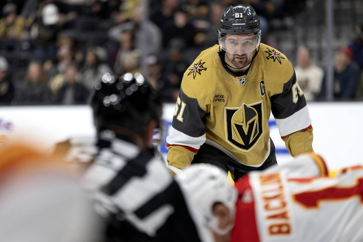 Golden Knights right wing Mark Stone (61) prepares for a face off during the third period of an ...