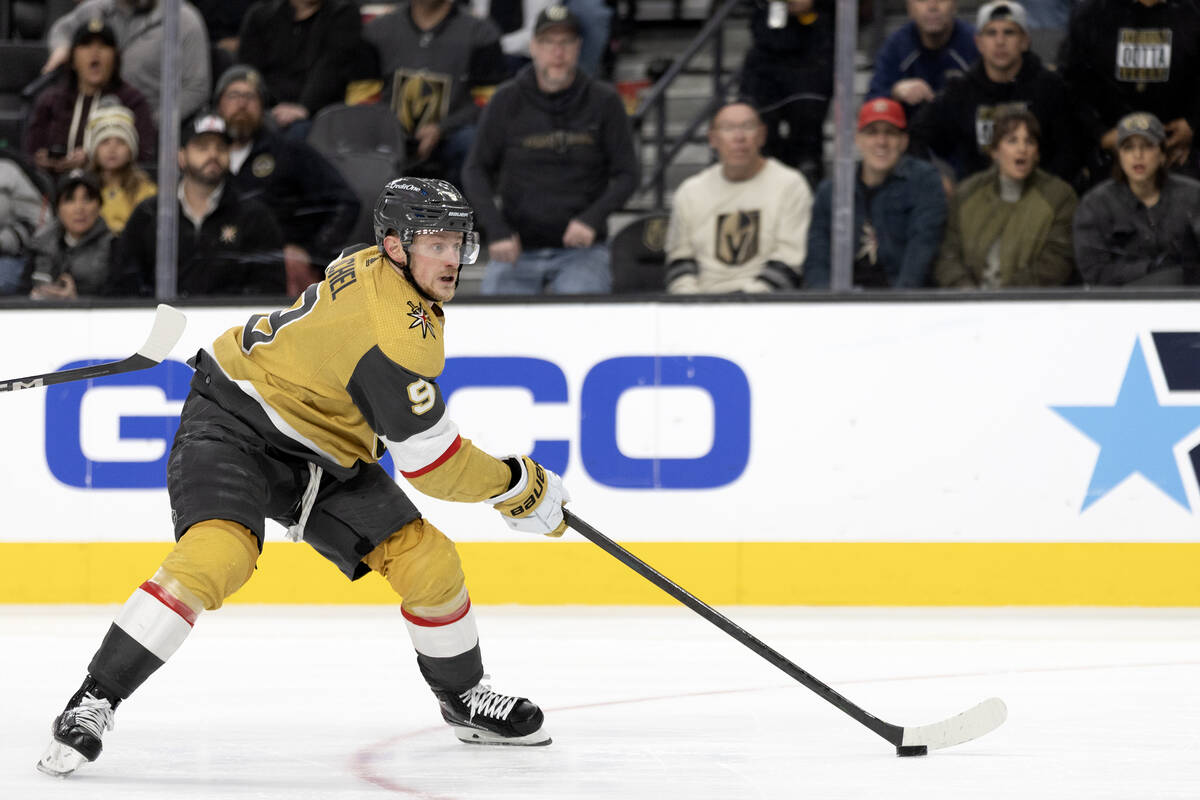 Golden Knights center Jack Eichel (9) breaks away toward the net during the third period of an ...