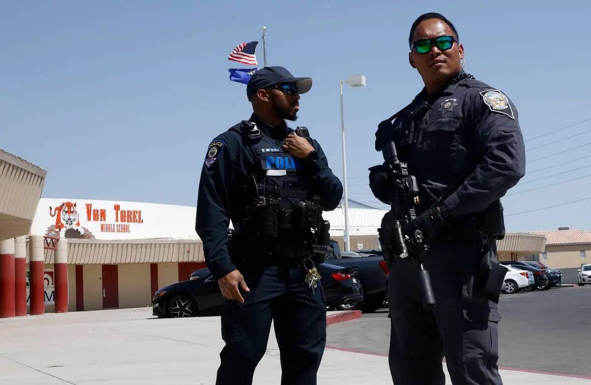 Officers outside Ed Von Tobel Middle School, Monday, May 8, 2023, in Las Vegas, after a shootin ...