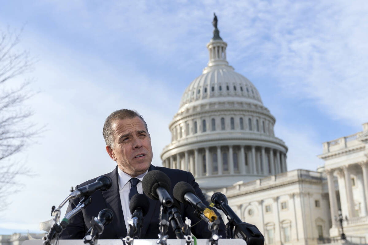 Hunter Biden, son of President Joe Biden, talks to reporters at the U.S. Capitol, in Washington ...