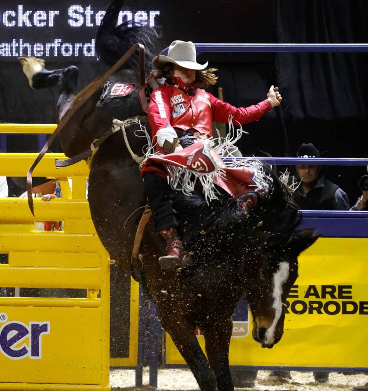 Rocker Steiner holds on to his horse while he competes in bareback riding on day six of the Nat ...