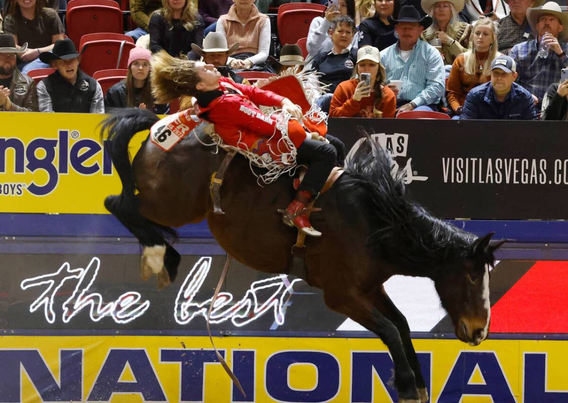 Rocker Steiner holds on to his horse while he competes in bareback riding on day six of the Nat ...