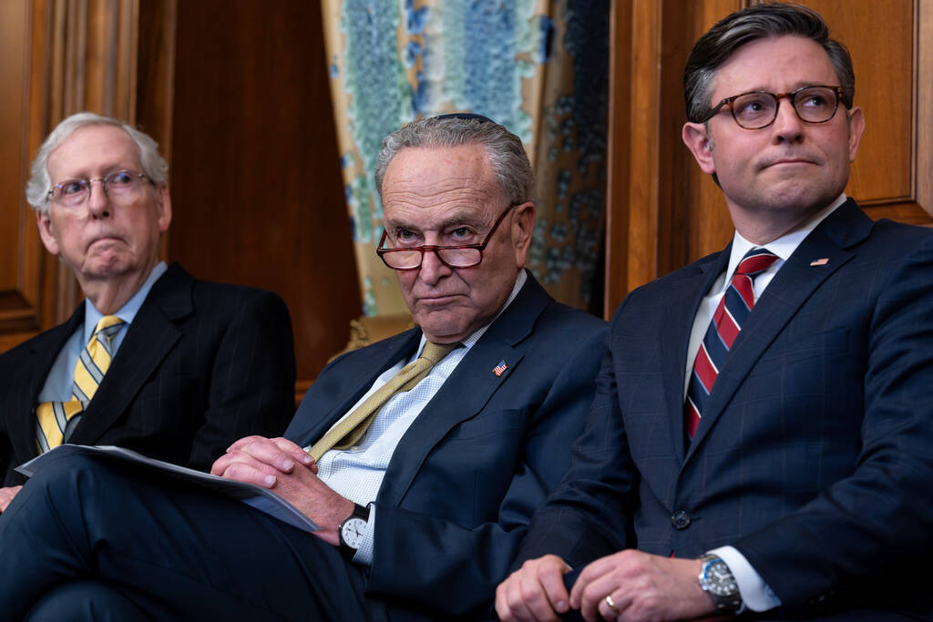 From left, Senate Minority Leader Mitch McConnell, R-Ky., Senate Majority Leader Chuck Schumer, ...