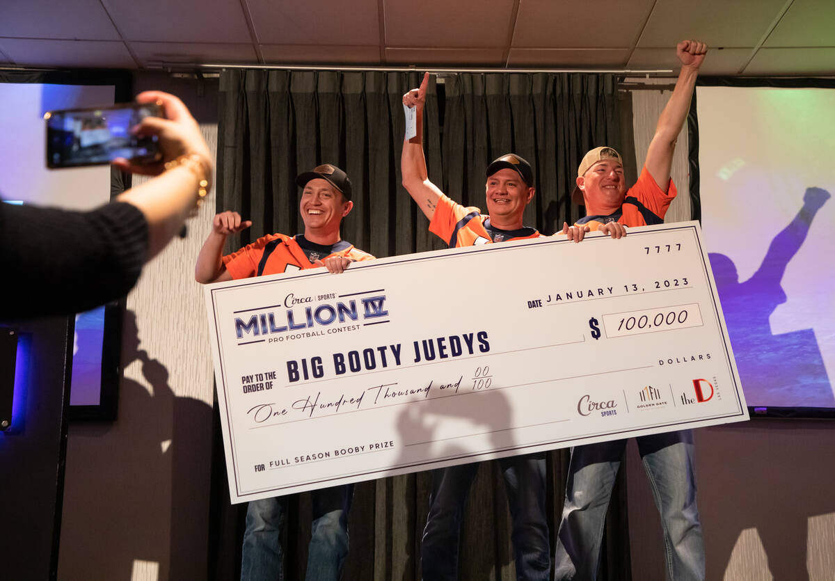 From left, Circa Sports Million Booby Prize winners Taylor Preisser, Dan Stone and Preston Holl ...