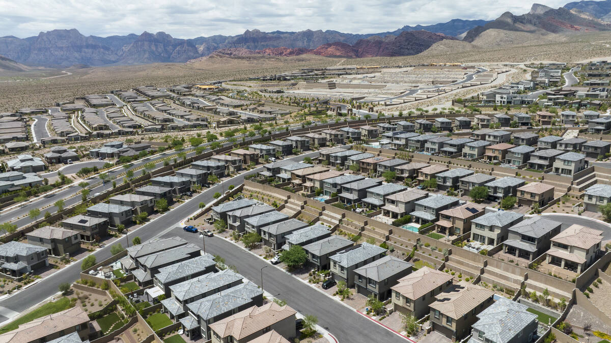 An aerial photo shows homes in Summerlin near Paseos Park on Wednesday, Aug 9, 2023. (Bizuayehu ...