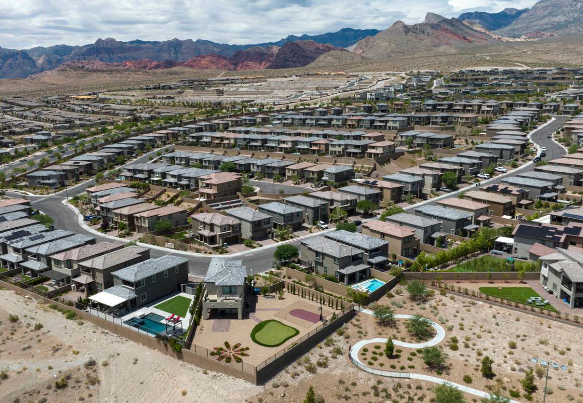 An aerial photo shows homes in Summerlin near Paseos Park on Wednesday, Aug 9, 2023. (Bizuayehu ...