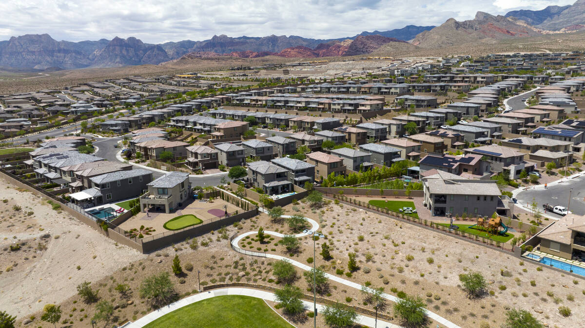 An aerial photo shows homes in Summerlin near Paseos Park on Wednesday, Aug 9, 2023. (Bizuayehu ...