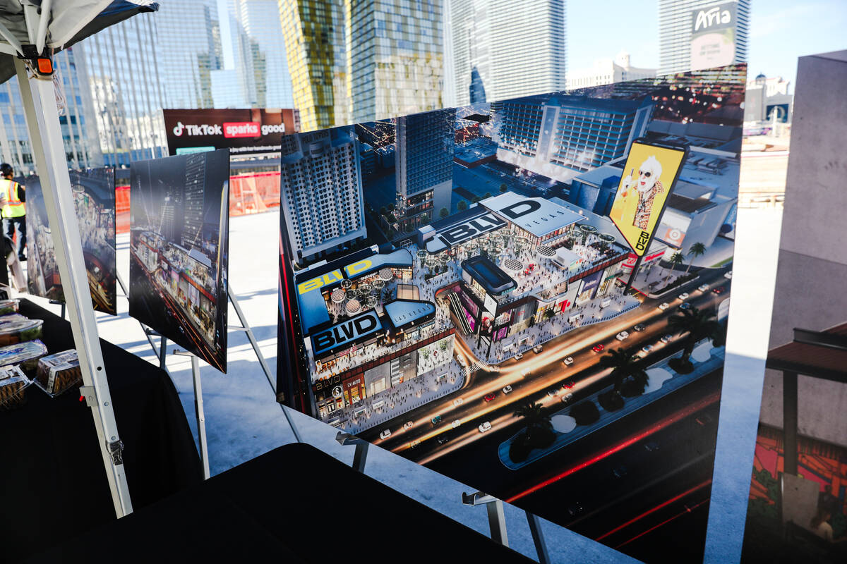 Renderings of BLVD, a 400,000 square foot retail dining center on the Strip, on display at the ...