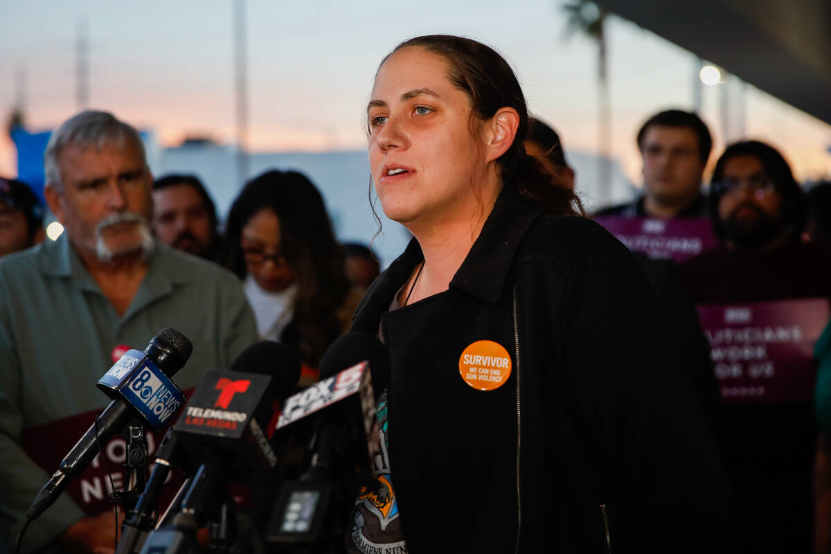 Amanda Hanson, a UNLV student, speaks during a press conference for UNLV students and Rise Neva ...