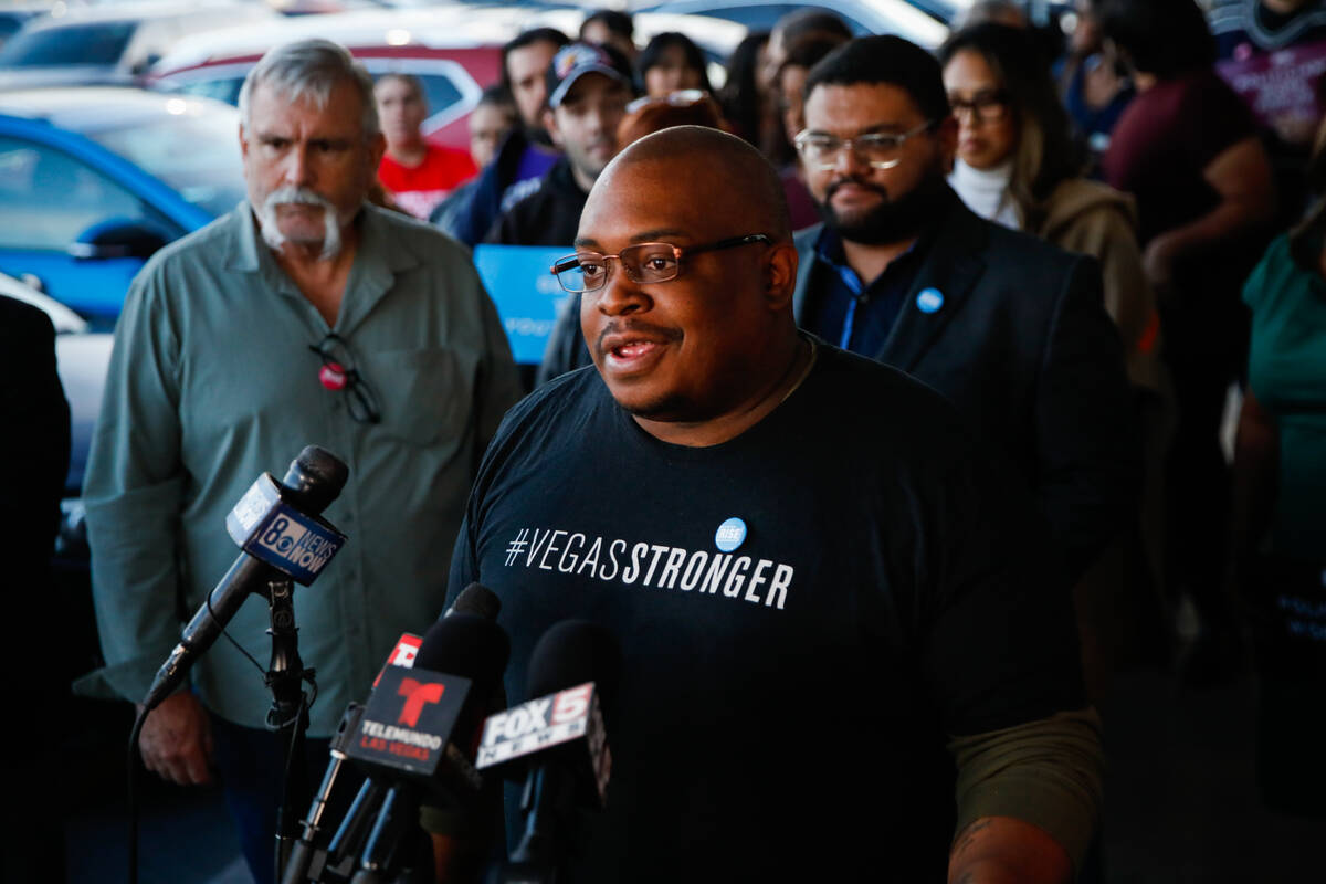 Hunter Caim, a UNLV student, speaks during a press conference hosted by UNLV students and Rise ...