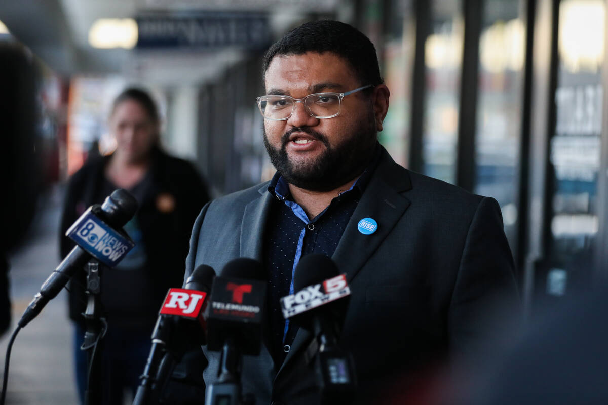 Christian Solomon, state director for Rise Nevada, speaks during a press conference hosted by U ...