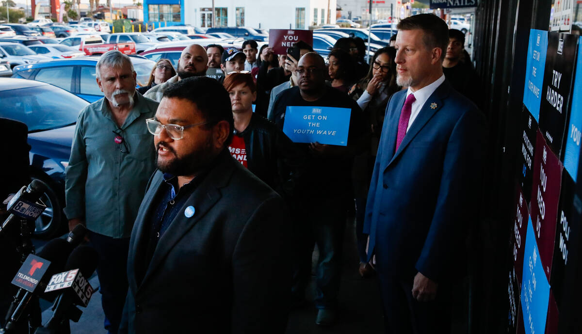 Christian Solomon, state director for Rise Nevada, speaks during a press conference hosted by U ...