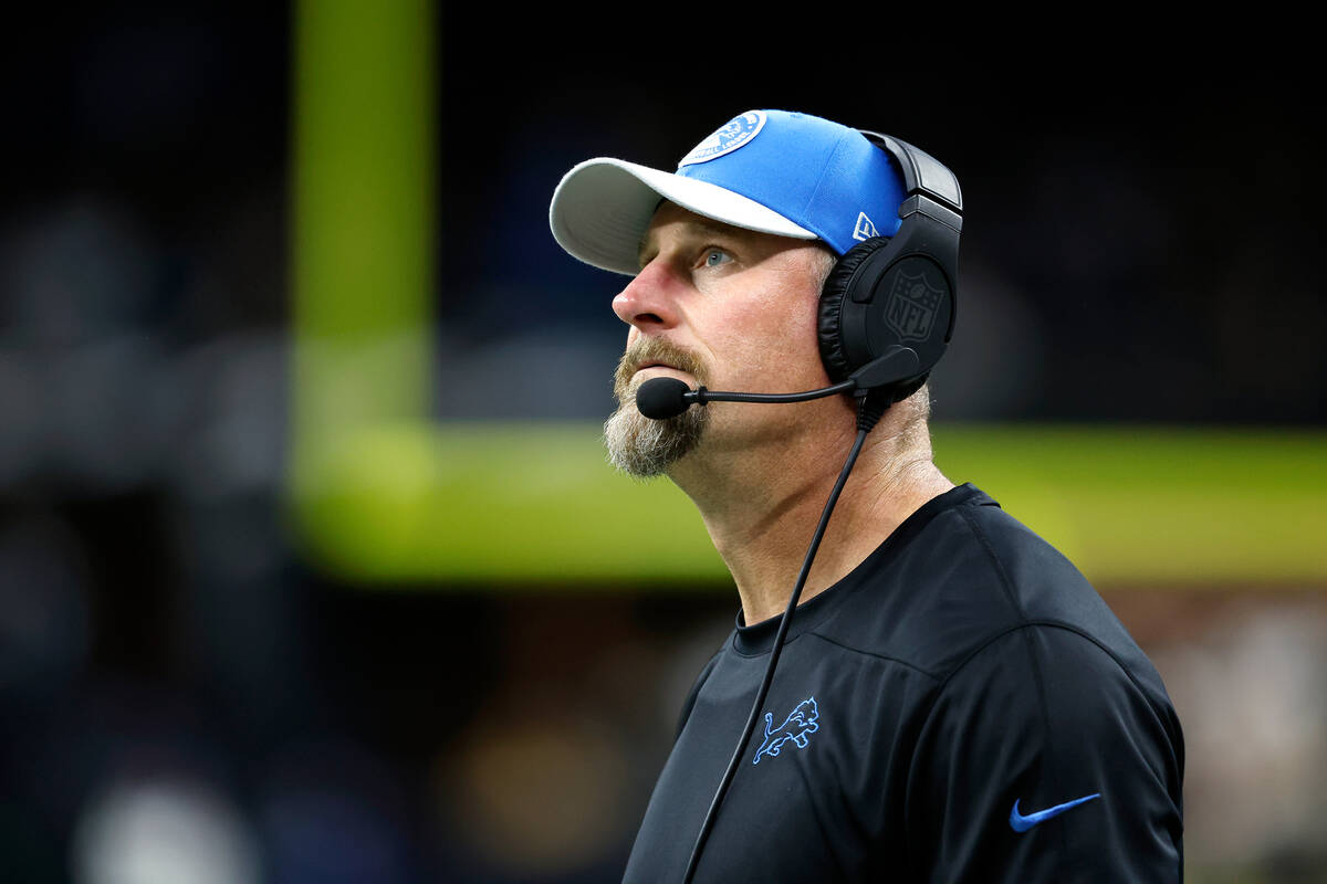 Detroit Lions head coach Dan Campbell reacts to a call during an NFL football game against the ...
