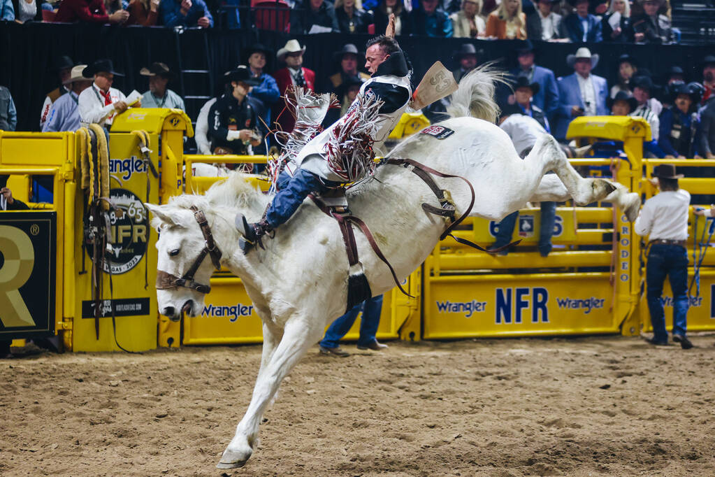 Tim O’Connell gets bucked on the horse during the National Finals Rodeo at the Thomas &a ...