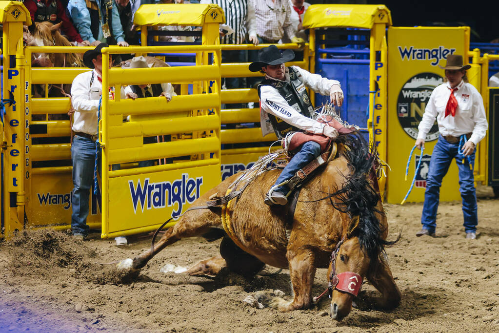 Layton Green stays on the horse as it gets up after a fall during the saddle bronc portion of t ...