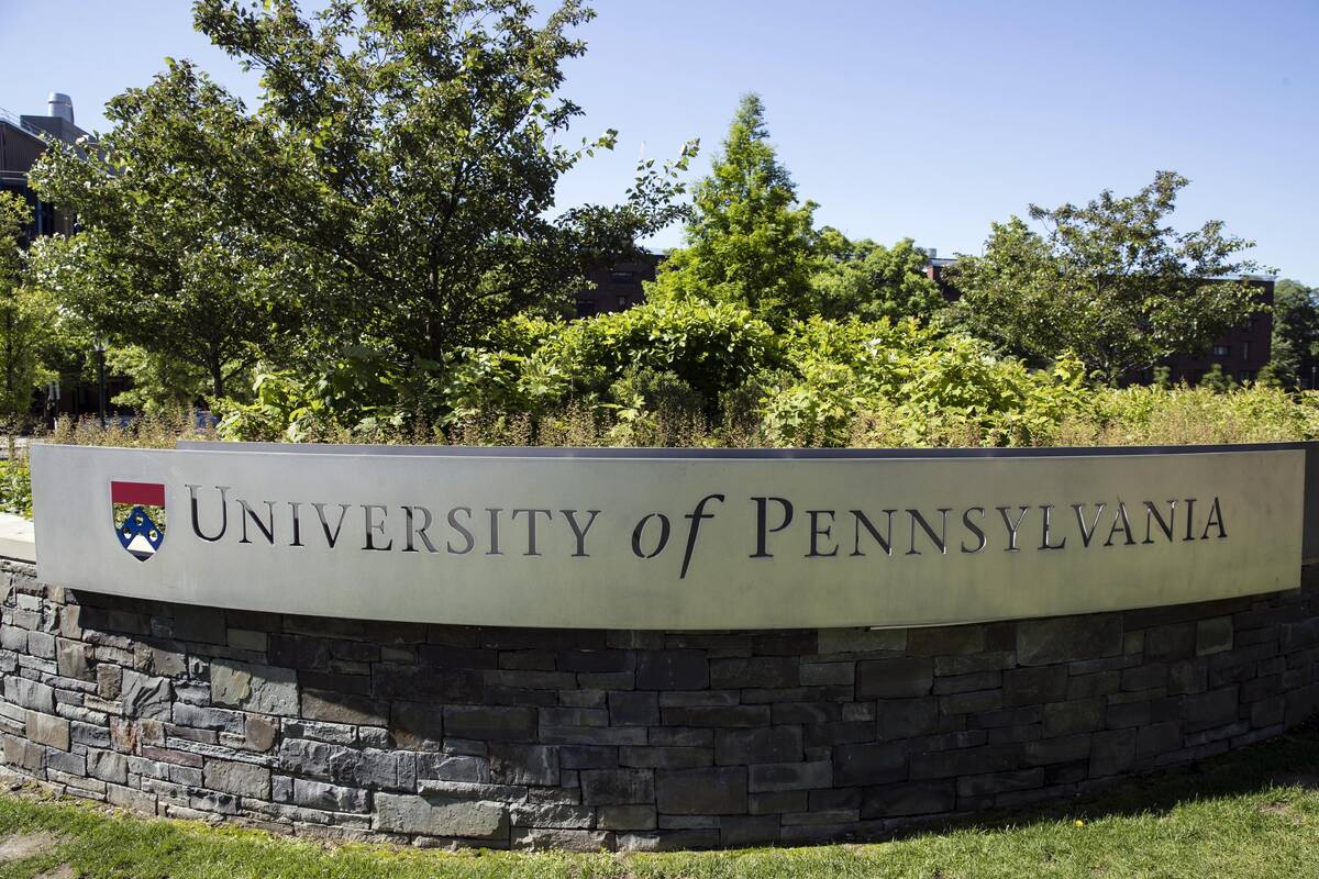 FILE - The University of Pennsylvania sign is seen, May 15, 2019, in Philadelphia. Late Wednesd ...